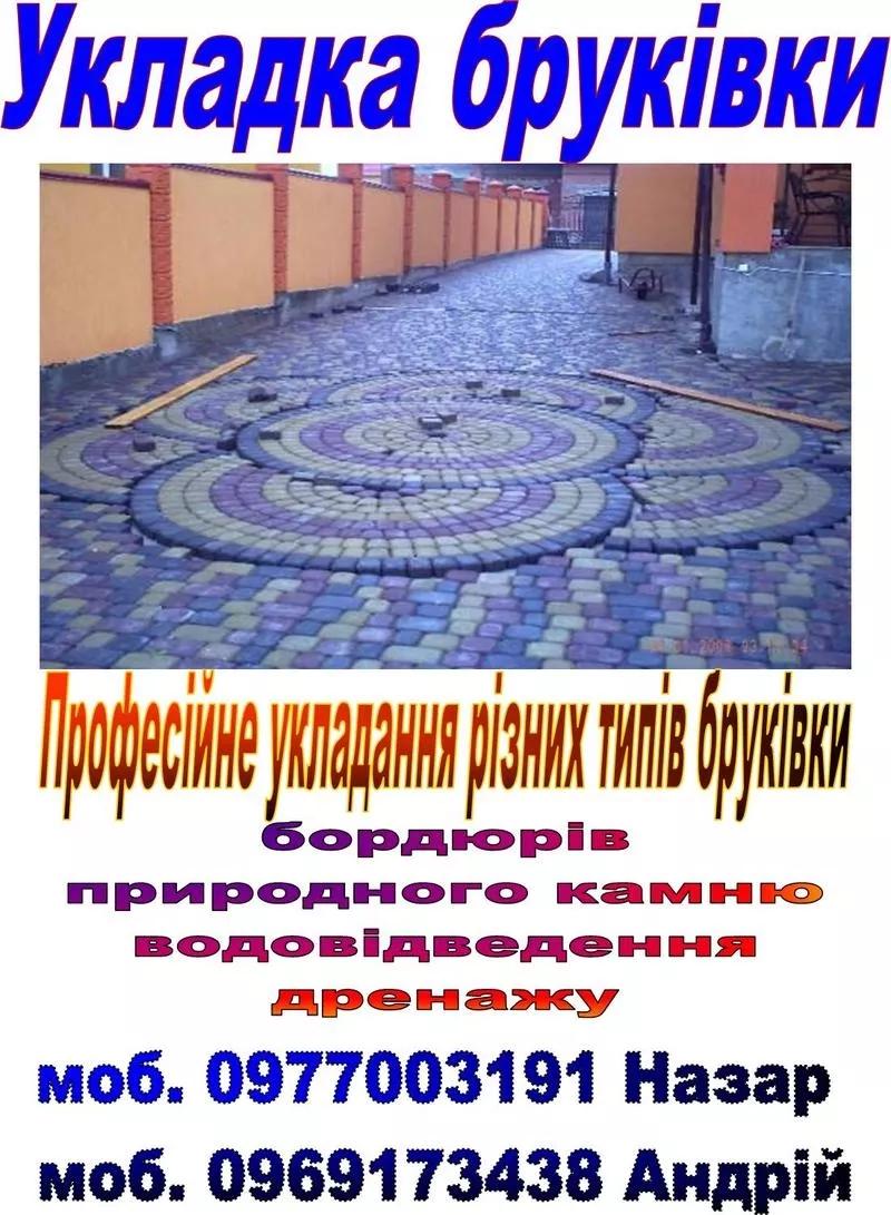 Укладка бруківки, Тротуарної плитки, Брущатки 40грн.за 1м.